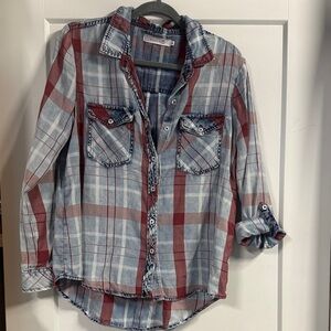 Women's Plaid Button Down Shirt in Red and Blue